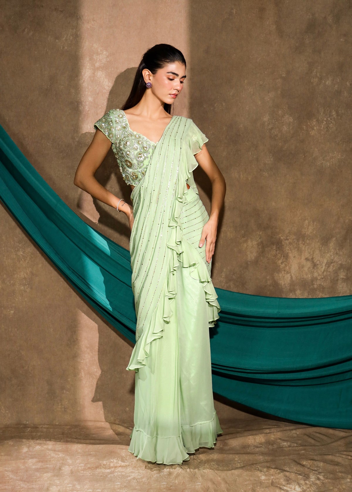 Bahaar Pastel Pistachio Green Saree Set