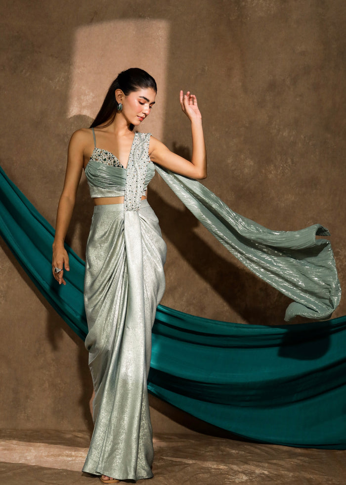 Zarh Celestial Mint Drape Saree Set