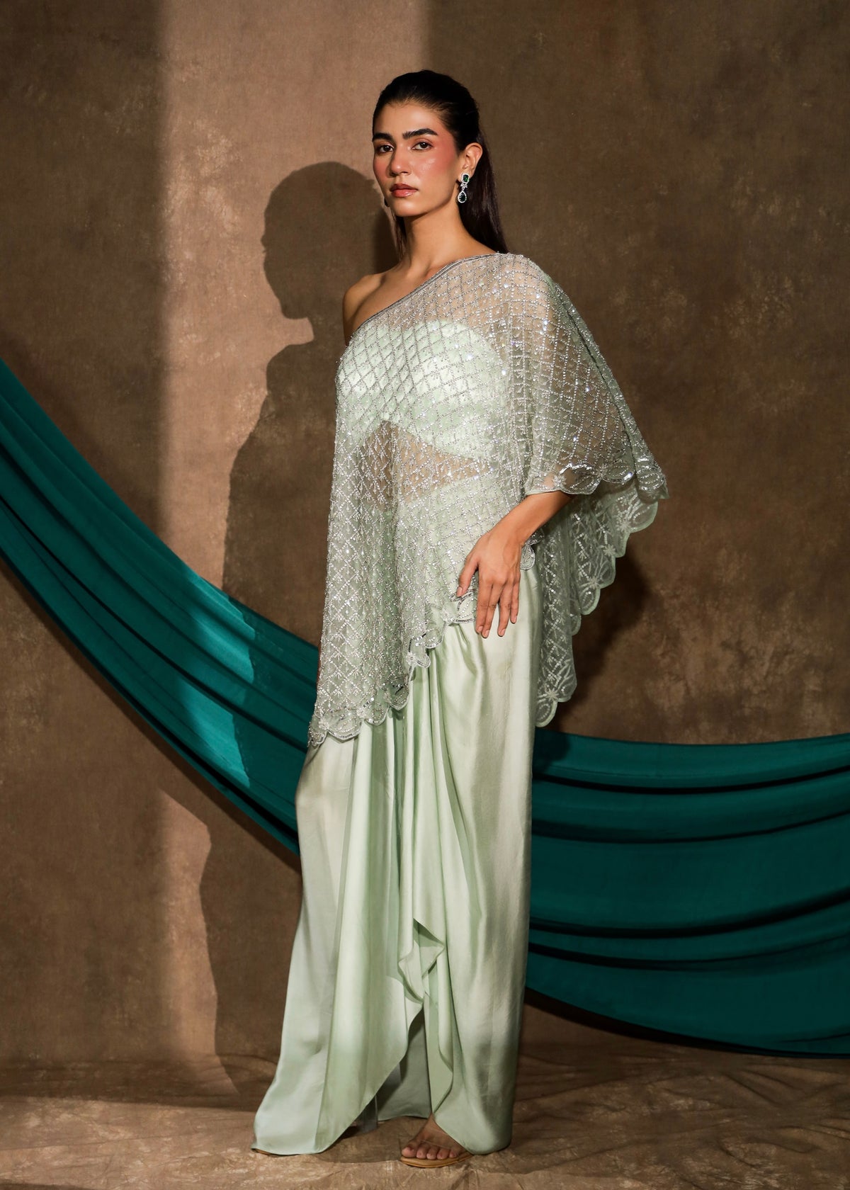 Nayrah Mint One-Shoulder Cape Set