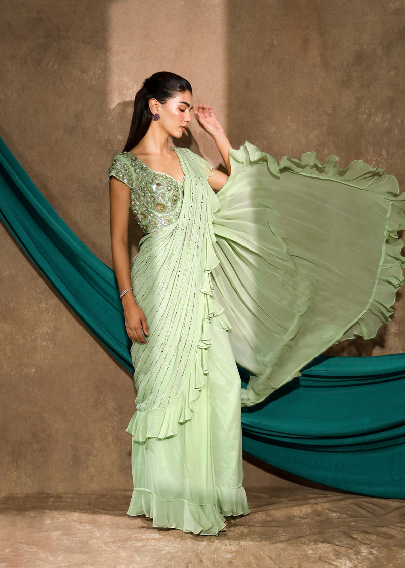 Bahaar Pastel Pistachio Green Saree Set