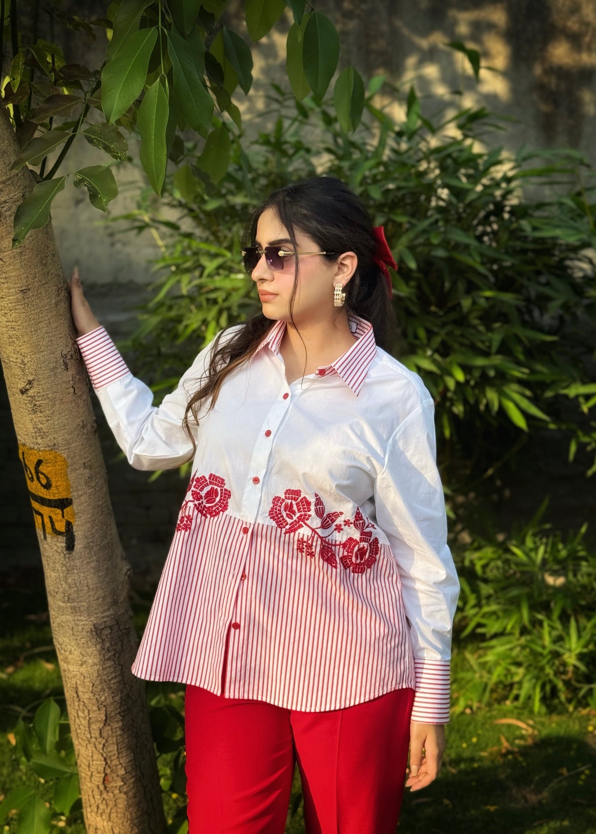 Pinstripe Petals Red Shirt