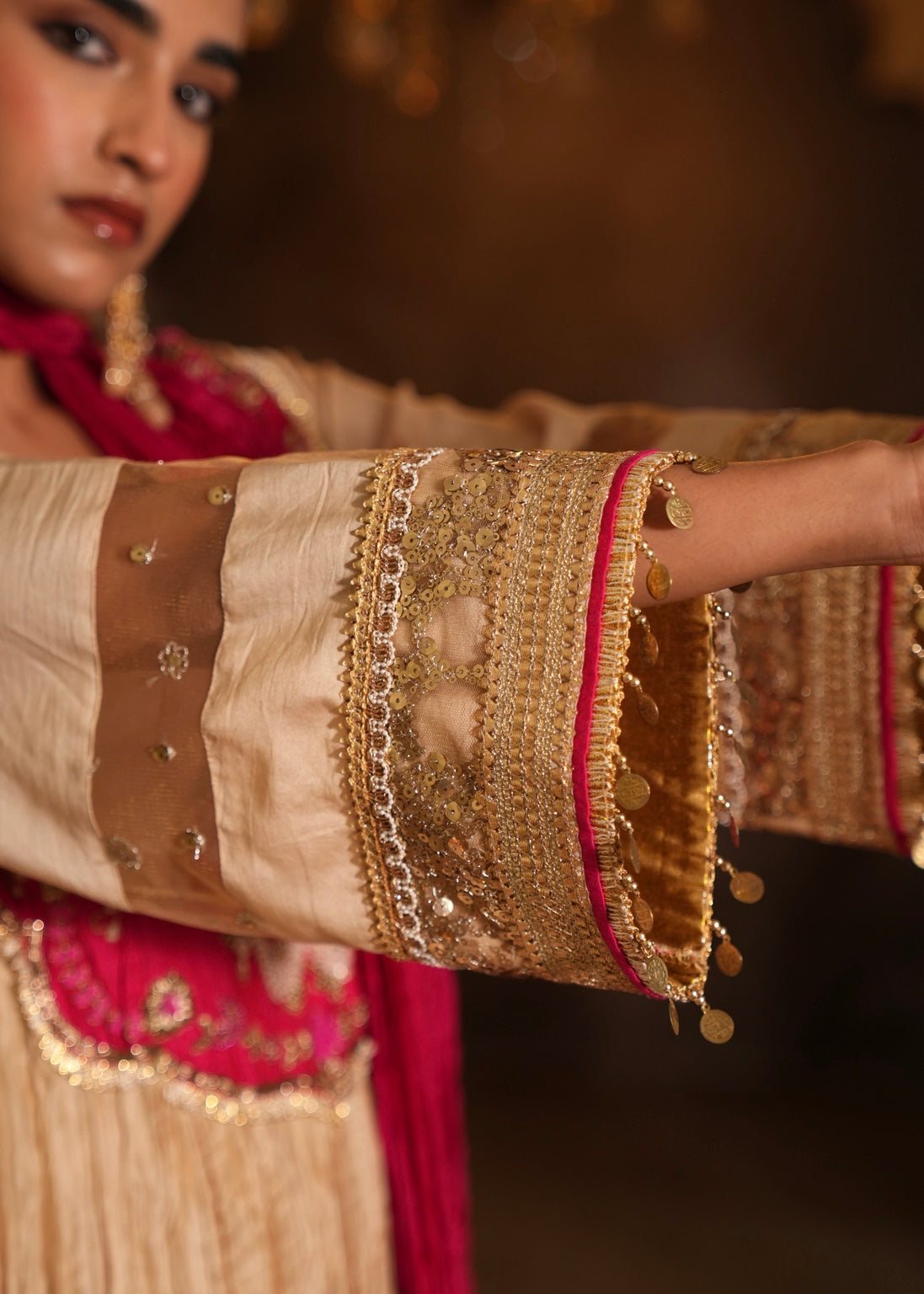 Vayu Champagne Beige Crushed Chanderi Anarkali Set