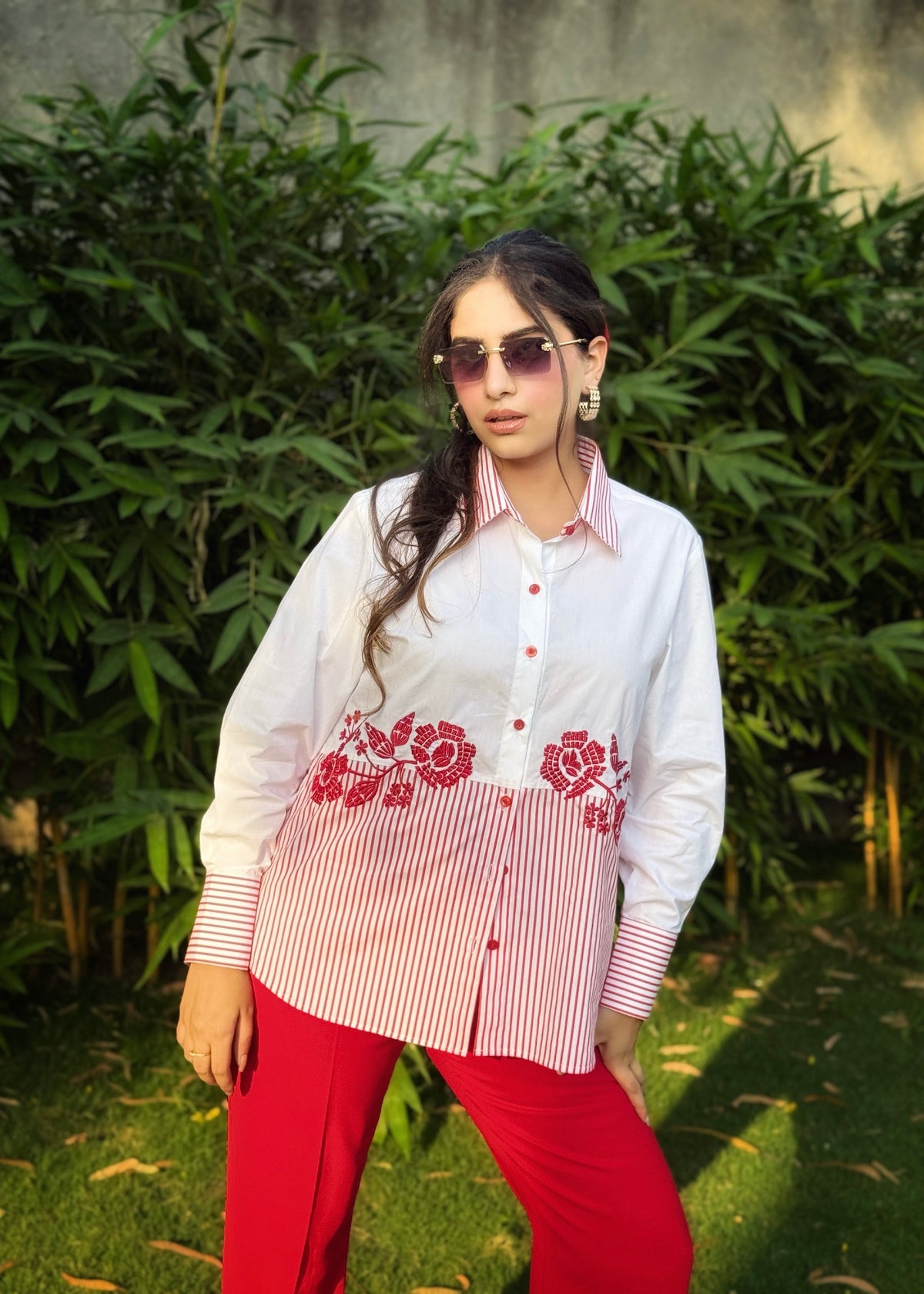 Pinstripe Petals Red Shirt