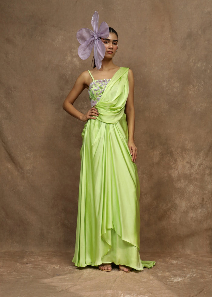 Miorah Pastel Green Drape Saree Set