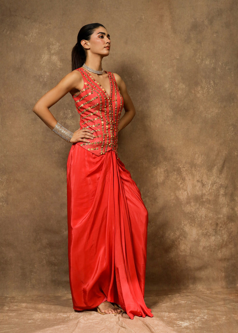 Gulnaar Rust Waistcoat Drape Set